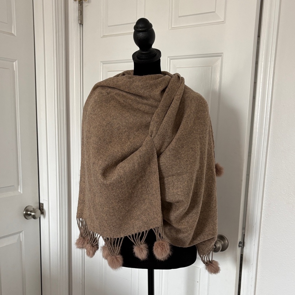 Wool Blend Brown Scarf Wrap with Pom Pom Trim